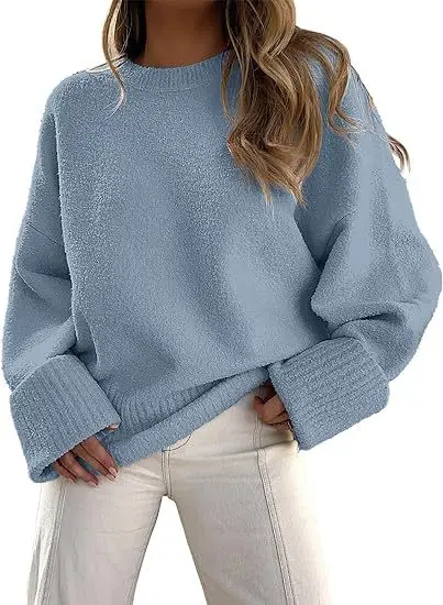 Women's Striped Round Neck Sweater White Black Loose Fit