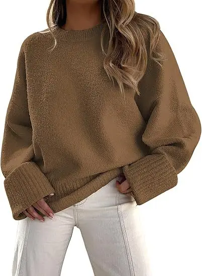 Women's Striped Round Neck Sweater White Black Loose Fit