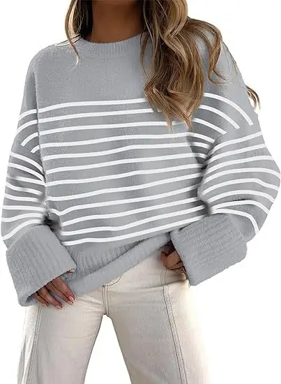 Women's Striped Round Neck Sweater White Black Loose Fit