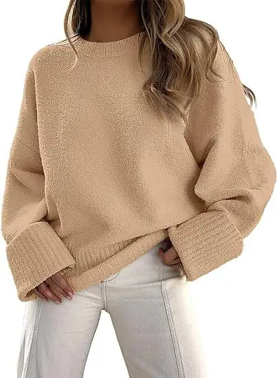 Women's Striped Round Neck Sweater White Black Loose Fit