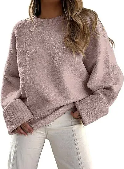 Women's Striped Round Neck Sweater White Black Loose Fit
