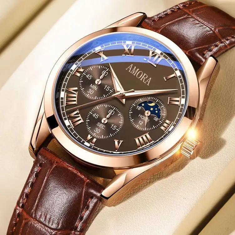Amora Luminous Waterproof Men's Watch Brown Leather Strap - Image 5