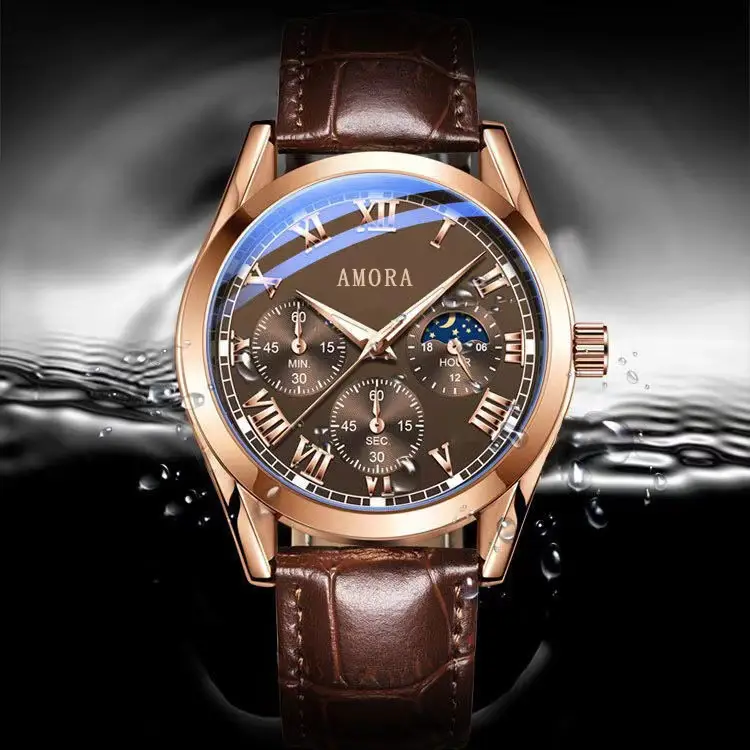 Amora Luminous Waterproof Men's Watch Brown Leather Strap - Image 6