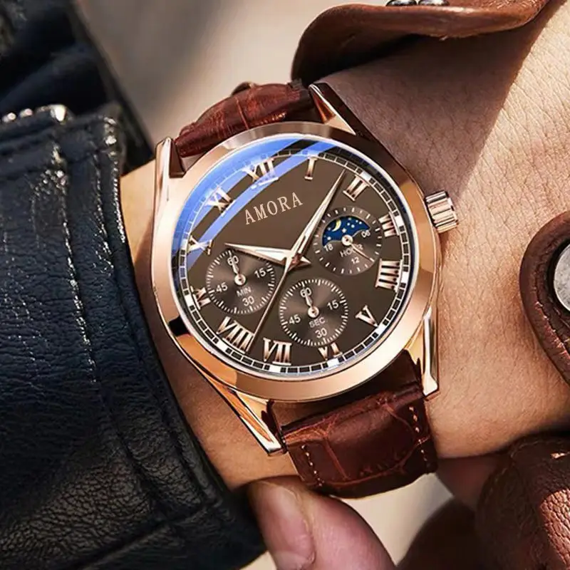 Amora Luminous Waterproof Men's Watch Brown Leather Strap - Image 7