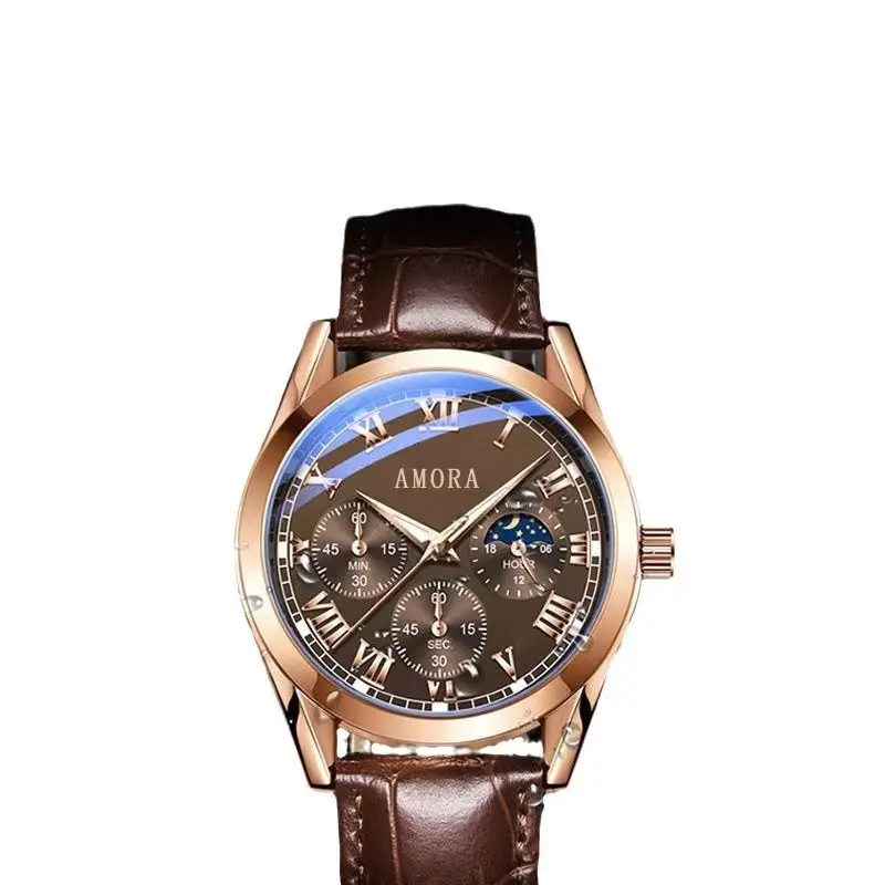 Amora Luminous Waterproof Men's Watch Brown Leather Strap - Image 8
