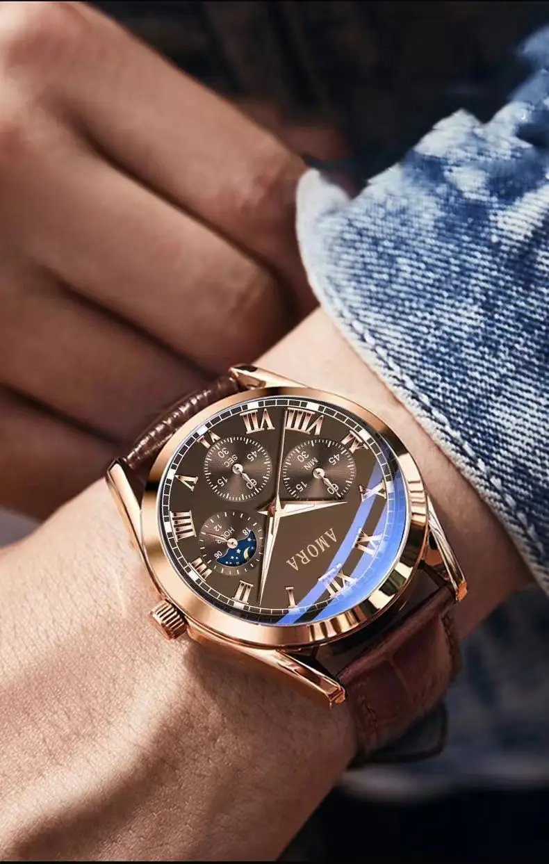 Amora Luminous Waterproof Men's Watch Brown Leather Strap — feature 10