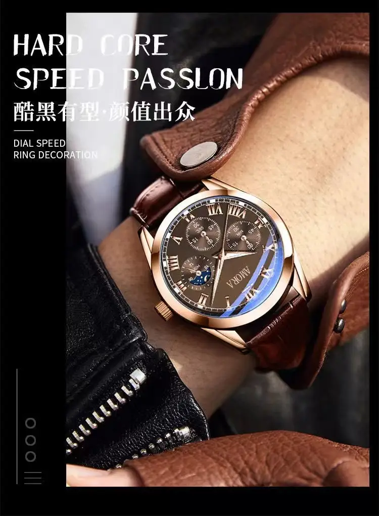 Amora Luminous Waterproof Men's Watch Brown Leather Strap — feature 4
