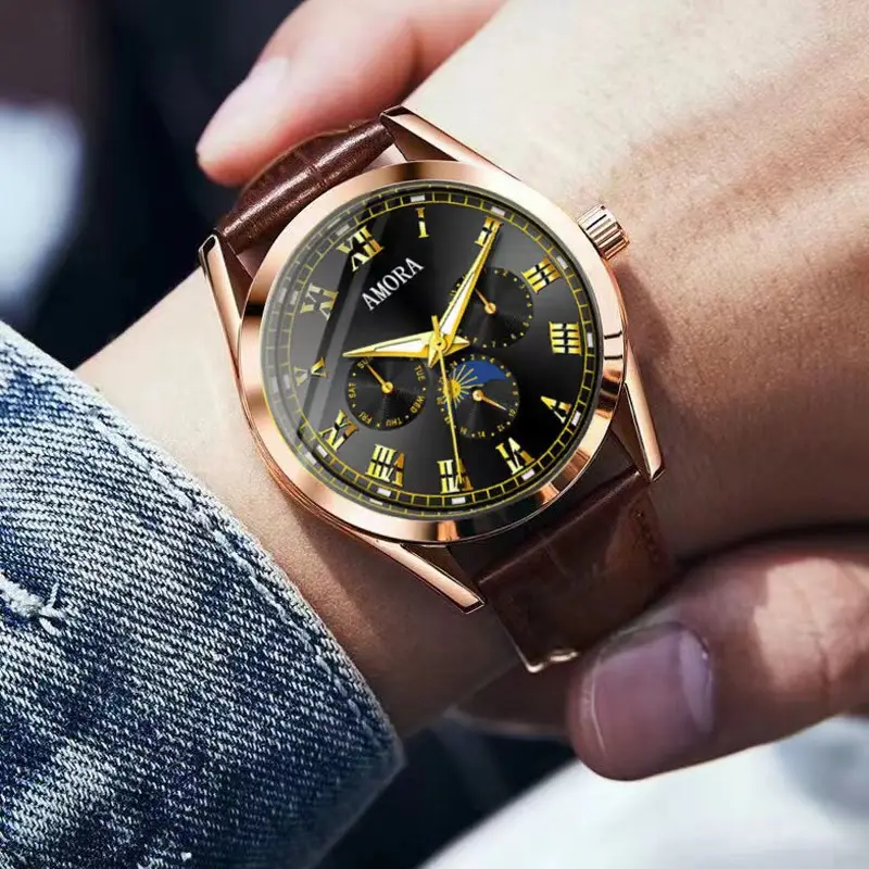Amora Luminous Waterproof Men's Watch Brown Leather Strap - Image 2