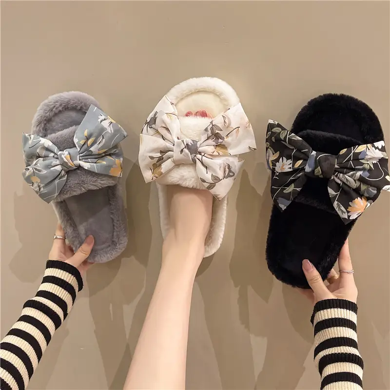 Cross-border foreign trade fashion bow flower fluffy slippers women's home slippers warm floor cotton slippers autumn and winter