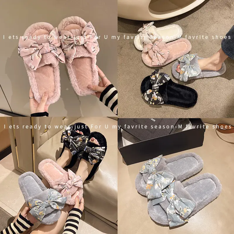 Cross-border foreign trade fashion bow flower fluffy slippers women's home slippers warm floor cotton slippers autumn and winter