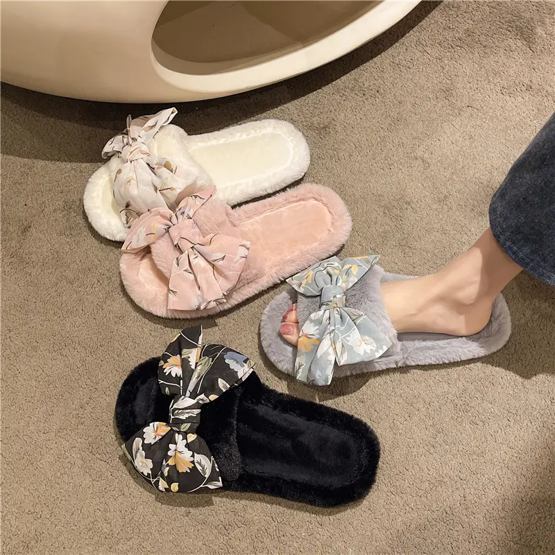 Cross-border foreign trade fashion bow flower fluffy slippers women's home slippers warm floor cotton slippers autumn and winter