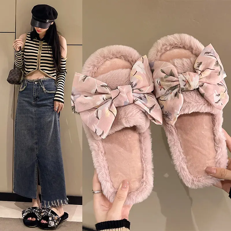 Cross-border foreign trade fashion bow flower fluffy slippers women's home slippers warm floor cotton slippers autumn and winter