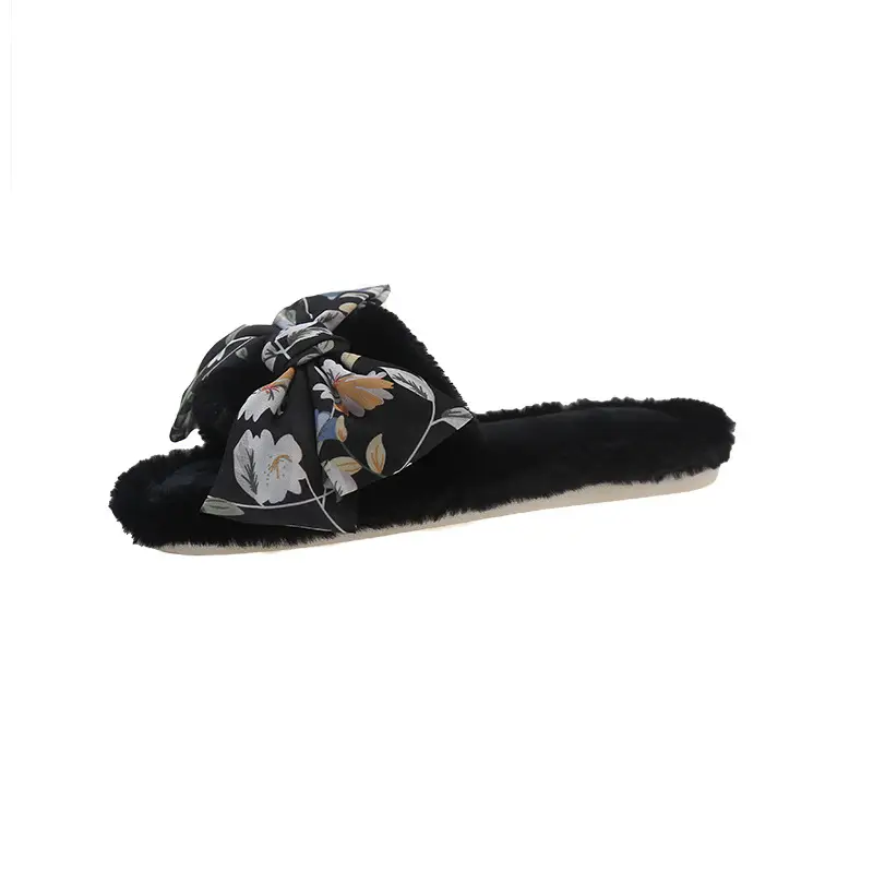 Cross-border foreign trade fashion bow flower fluffy slippers women's home slippers warm floor cotton slippers autumn and winter