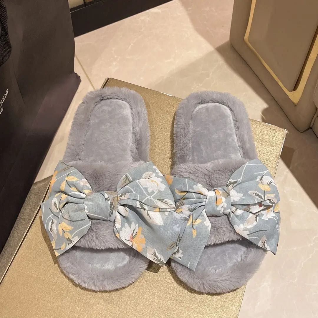 Cross-border foreign trade fashion bow flower fluffy slippers women's home slippers warm floor cotton slippers autumn and winter