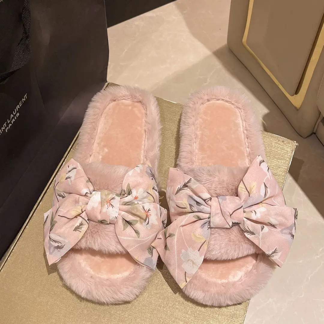 Cross-border foreign trade fashion bow flower fluffy slippers women's home slippers warm floor cotton slippers autumn and winter