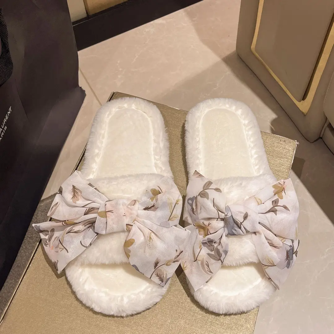 Cross-border foreign trade fashion bow flower fluffy slippers women's home slippers warm floor cotton slippers autumn and winter