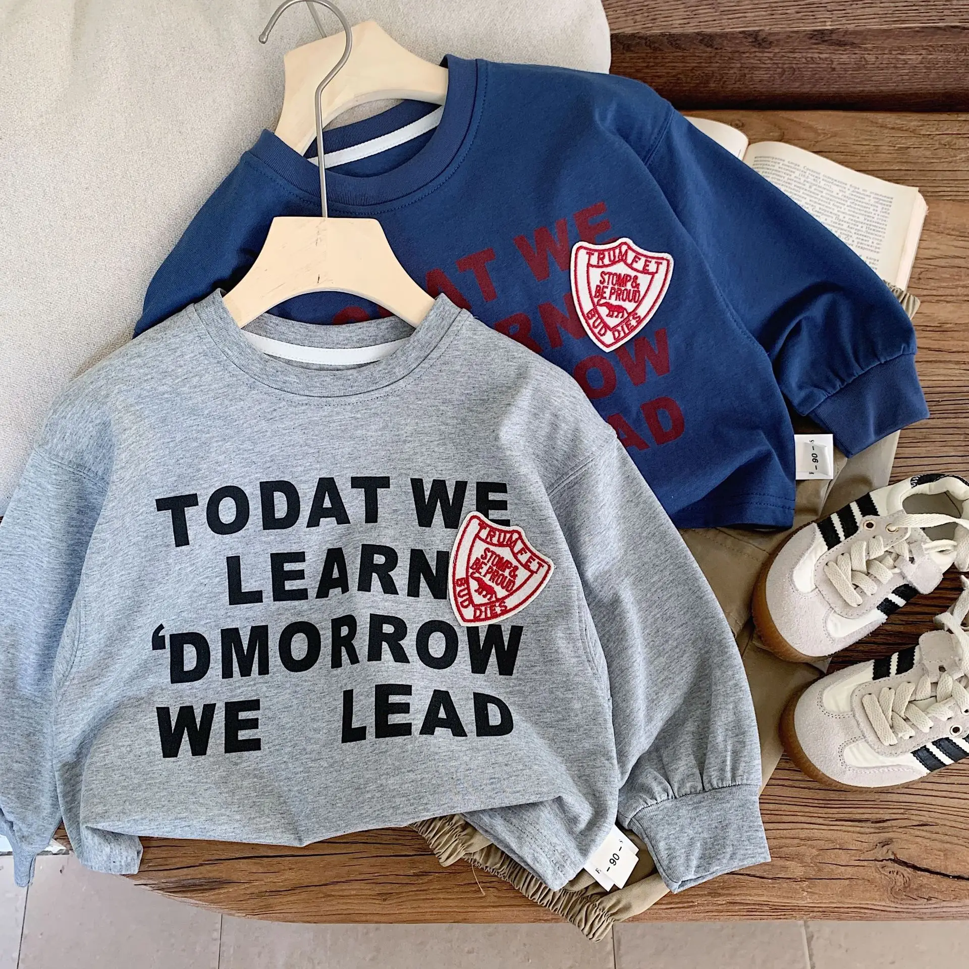 Children Letter Print T-Shirt Blue Grey Red - Image 4