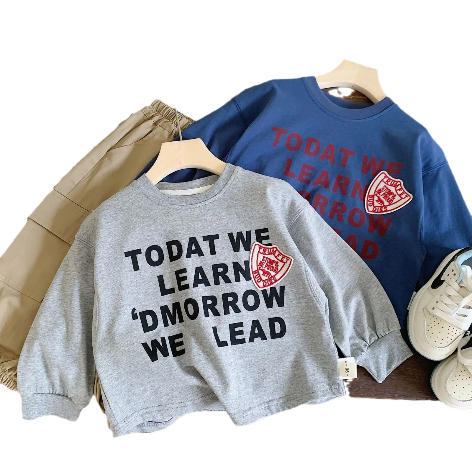 Children Letter Print T-Shirt Blue Grey Red - Image 5