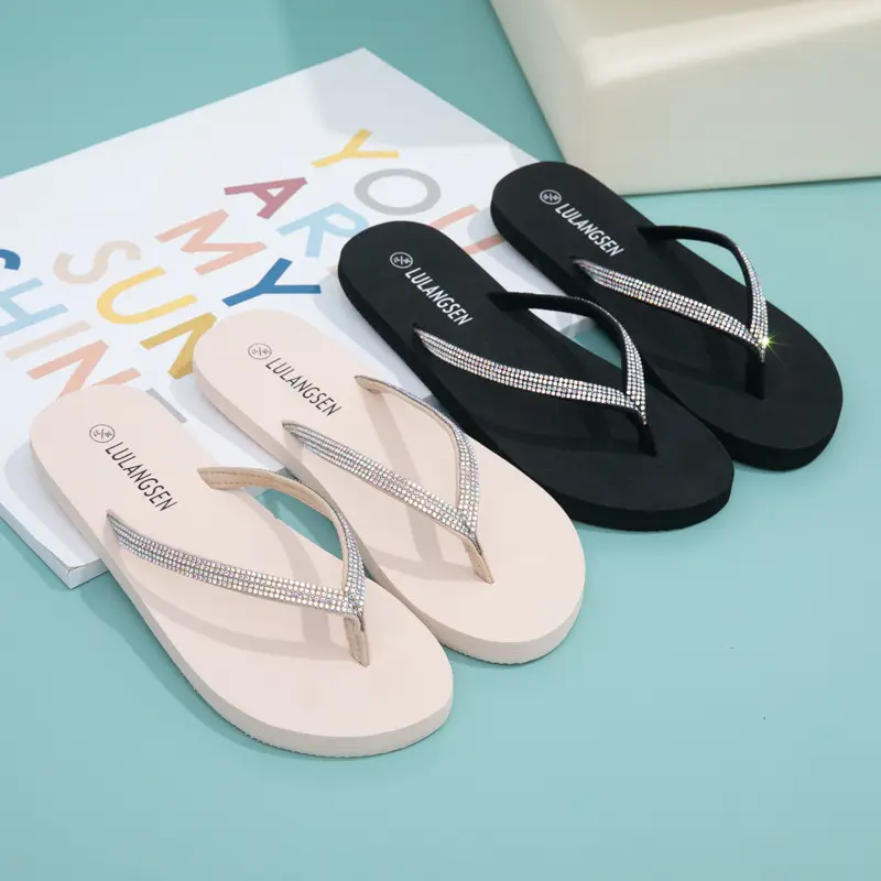 New cross-border colored diamond flip-flops women's summer high-end fashion Korean-style rhinestone flat bottom comfortable clip feet - Image 8