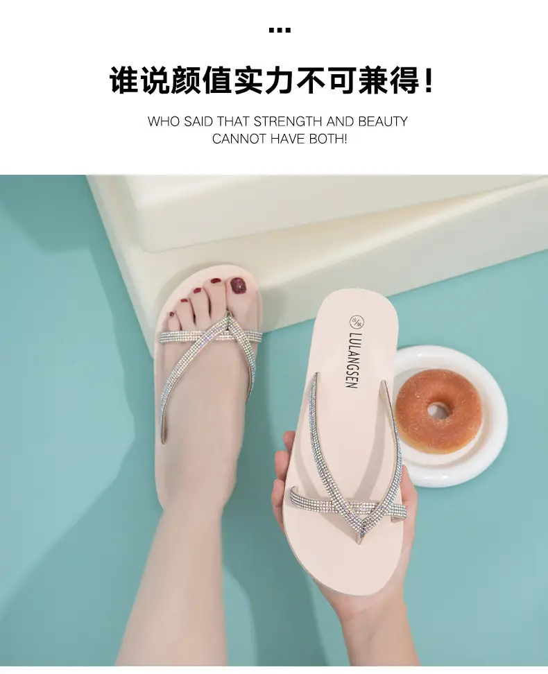 New cross-border colored diamond flip-flops women's summer high-end fashion Korean-style rhinestone flat bottom comfortable clip feet — feature 11