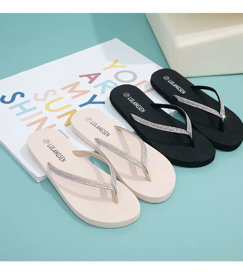New cross-border colored diamond flip-flops women's summer high-end fashion Korean-style rhinestone flat bottom comfortable clip feet — feature 22