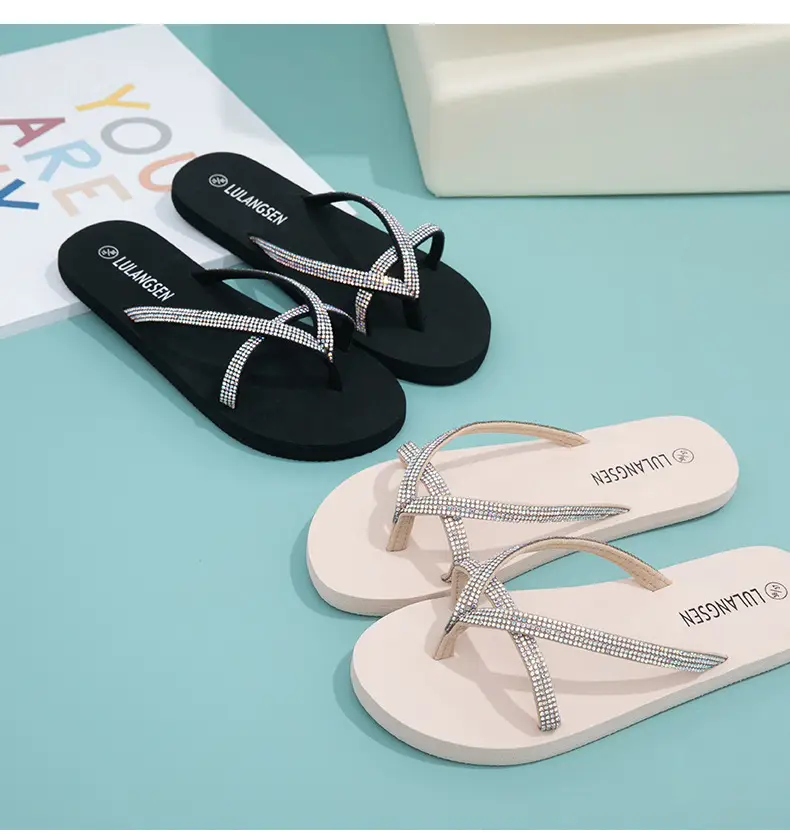 New cross-border colored diamond flip-flops women's summer high-end fashion Korean-style rhinestone flat bottom comfortable clip feet — feature 8