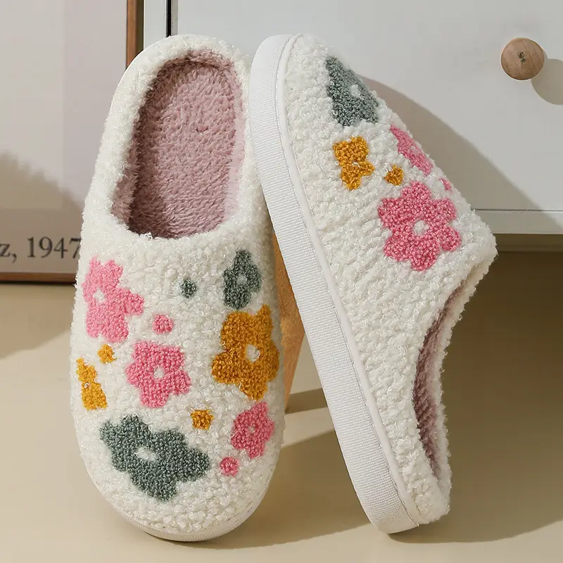 New Comfortable Home Cute Colored Flowers Winter Cotton Slippers for Men and Women Couple Warm Indoor Cotton Slippers Wholesale