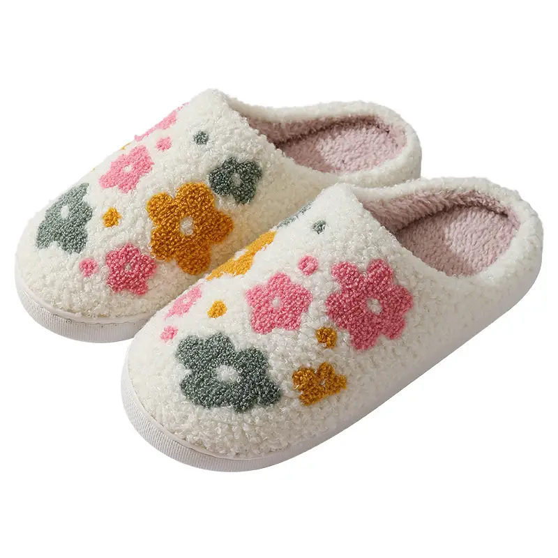 New Comfortable Home Cute Colored Flowers Winter Cotton Slippers for Men and Women Couple Warm Indoor Cotton Slippers Wholesale