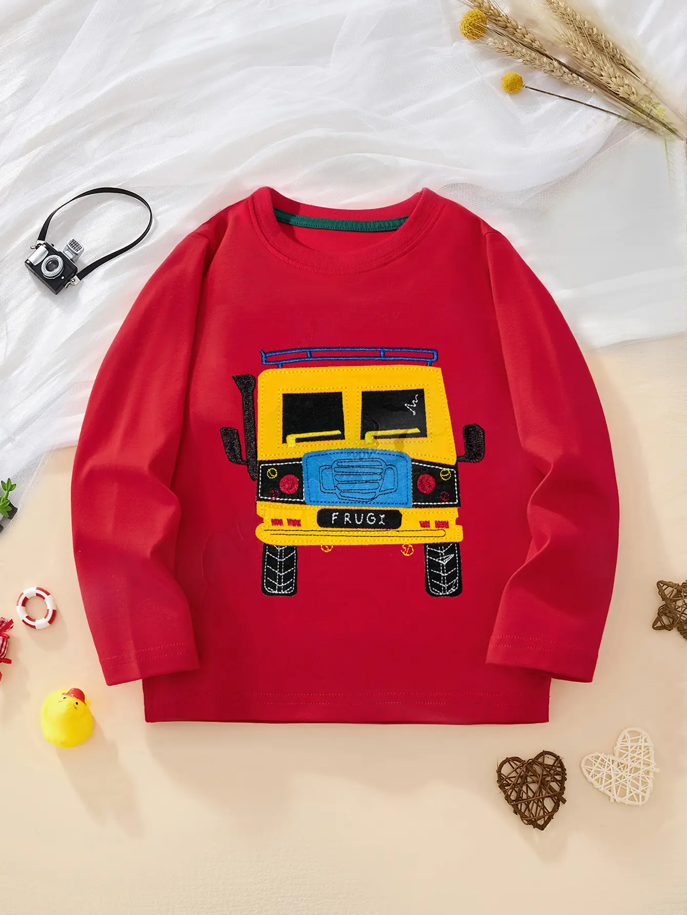 Red Cartoon Bus Long Sleeve Kids T-Shirt - Image 3