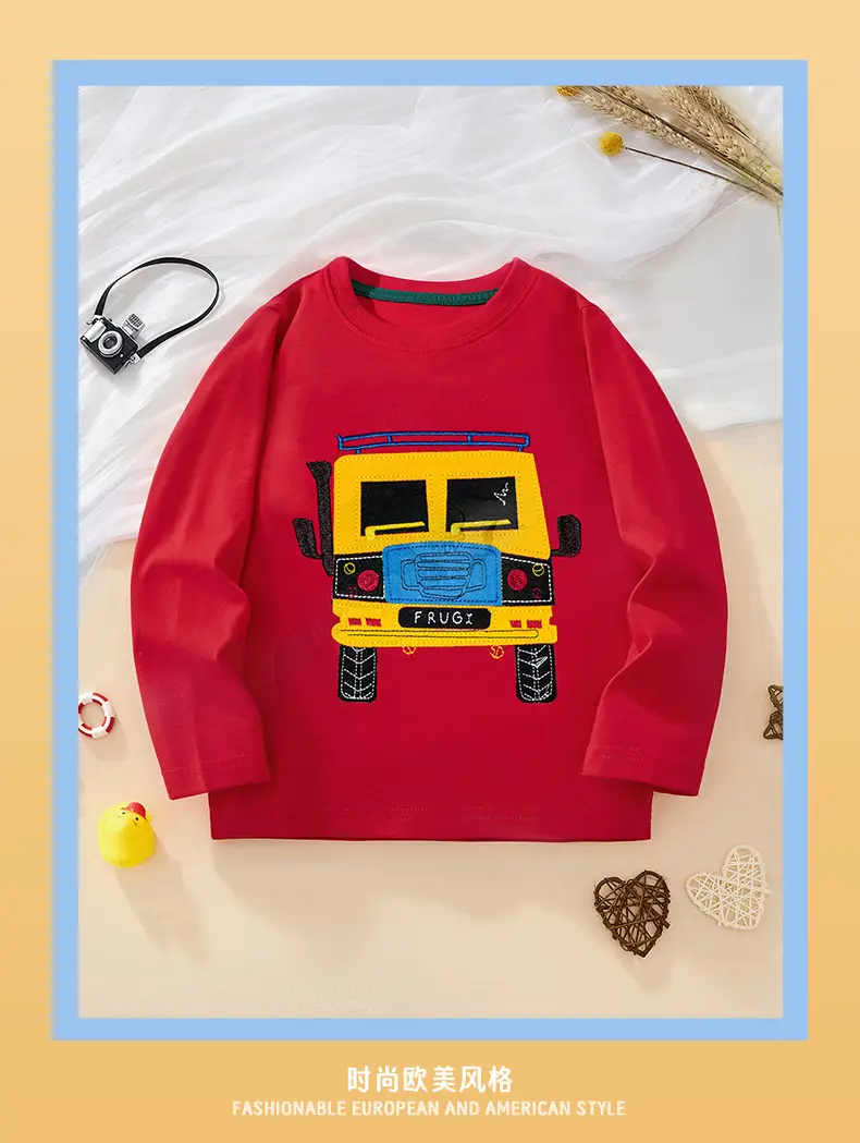 Red Cartoon Bus Long Sleeve Kids T-Shirt — feature 3