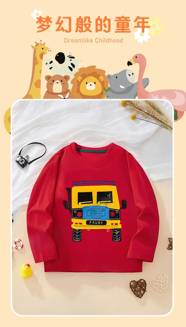 Red Cartoon Bus Long Sleeve Kids T-Shirt — feature 7