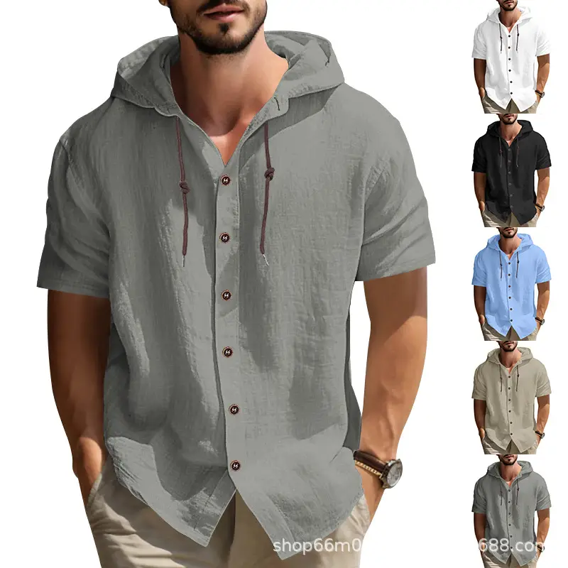 Men Hooded Short Sleeve T-Shirt Grey Casual - Image 7