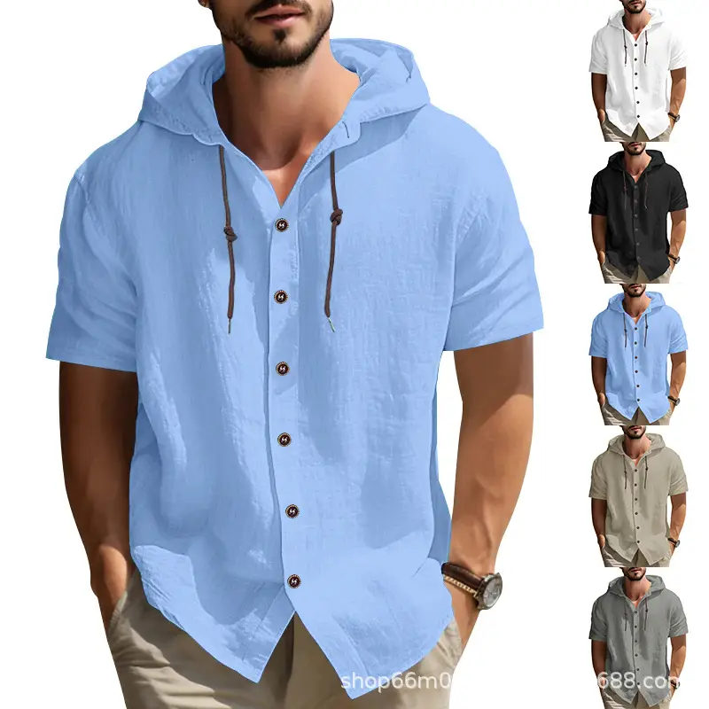 Men Hooded Short Sleeve T-Shirt Grey Casual — feature 14