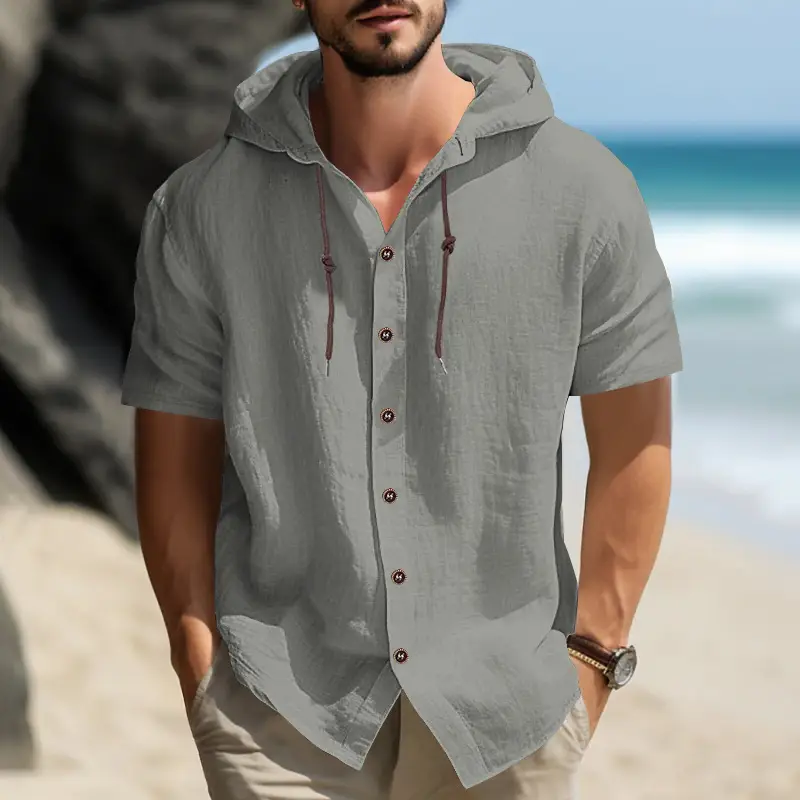 Men Hooded Short Sleeve T-Shirt Grey Casual — feature 32