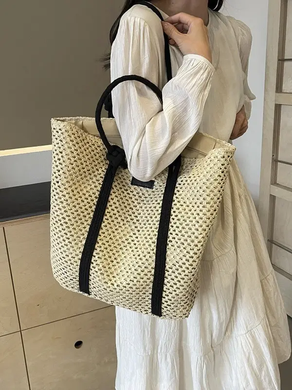 Women Straw Shoulder Bag Brown Black 2024 New Commuter - Image 5