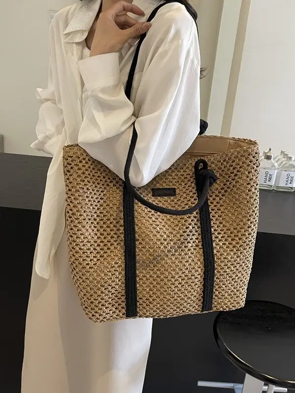Women Straw Shoulder Bag Brown Black 2024 New Commuter - Image 6