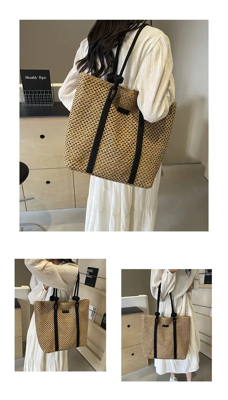 Women Straw Shoulder Bag Brown Black 2024 New Commuter — feature 14