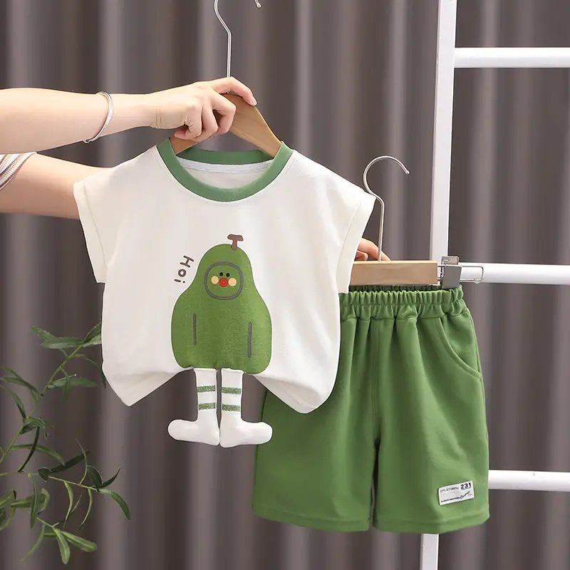 Children's Sleeveless T-Shirt & Shorts Set Green White Cotton Summer