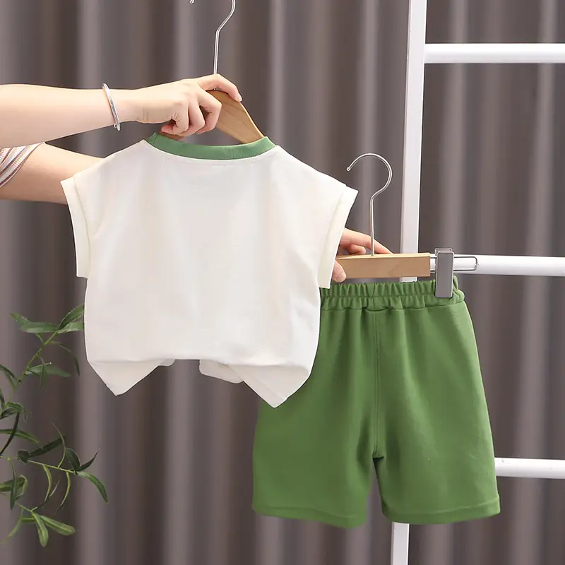Children's Sleeveless T-Shirt & Shorts Set Green White Cotton Summer