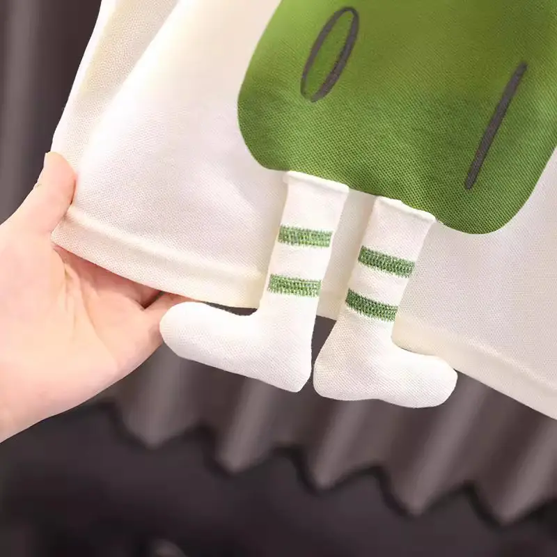 Children's Sleeveless T-Shirt & Shorts Set Green White Cotton Summer