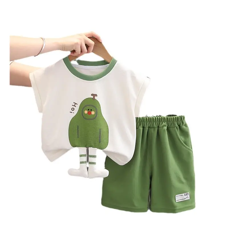 Children's Sleeveless T-Shirt & Shorts Set Green White Cotton Summer