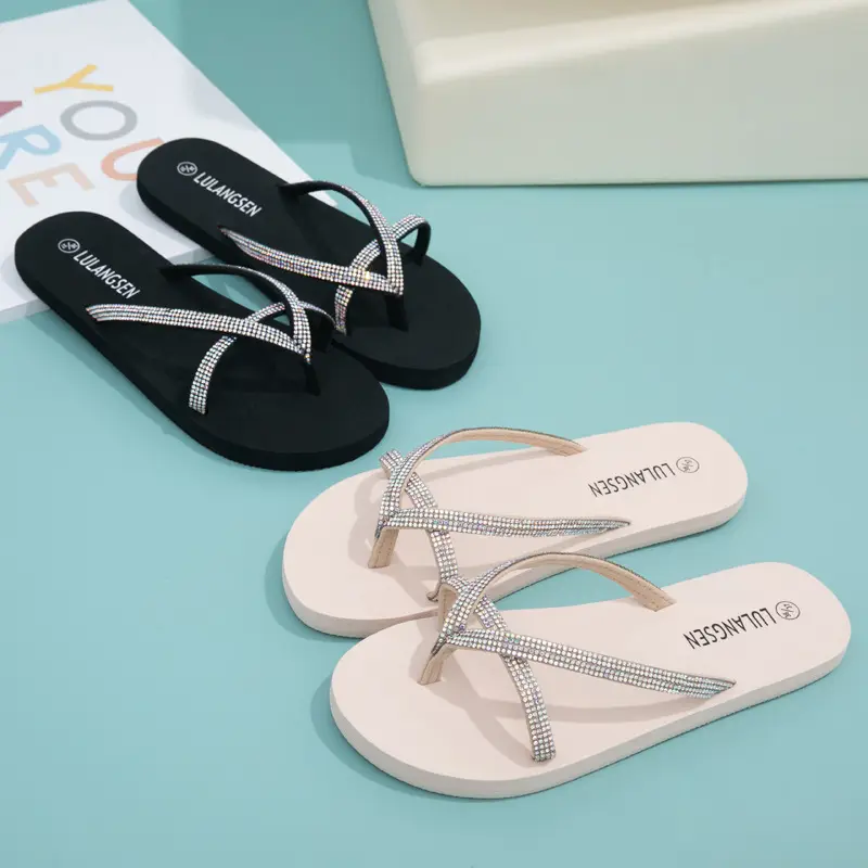 Summer New Cross-Border Internet Celebrity Colored Diamond Women's Fashionable Thick-Soled Flip-Flops for Women's Beach Outer Wear in Stock