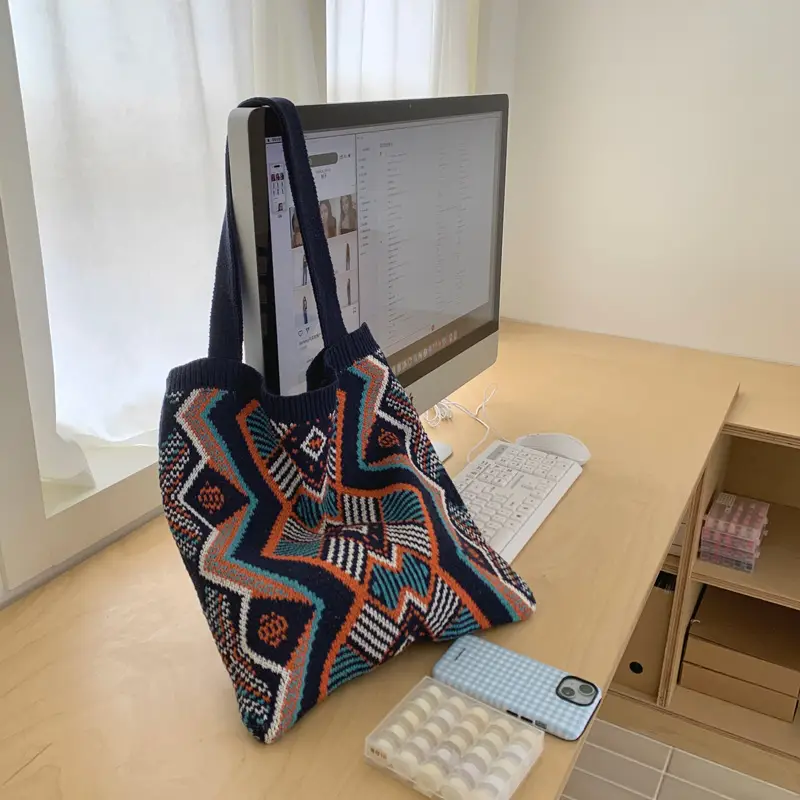 Retro Color Contrast Woven Shopping Bag Large Capacity - Image 5