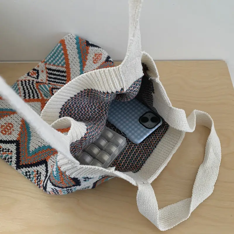 Retro Color Contrast Woven Shopping Bag Large Capacity - Image 6