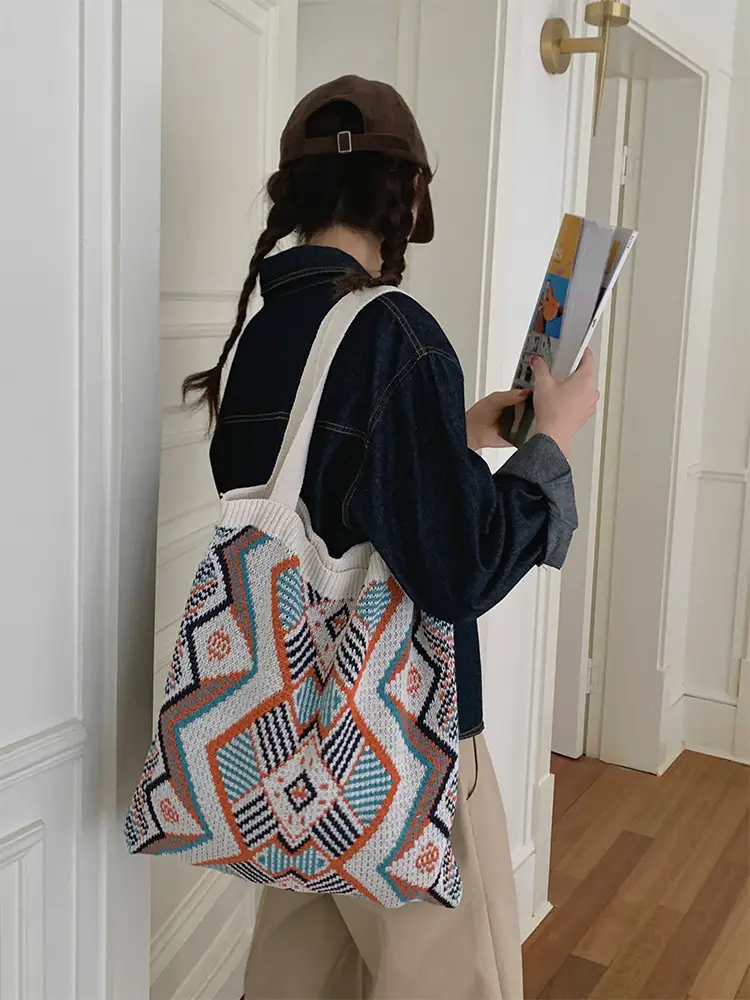 Retro Color Contrast Woven Shopping Bag Large Capacity — feature 10