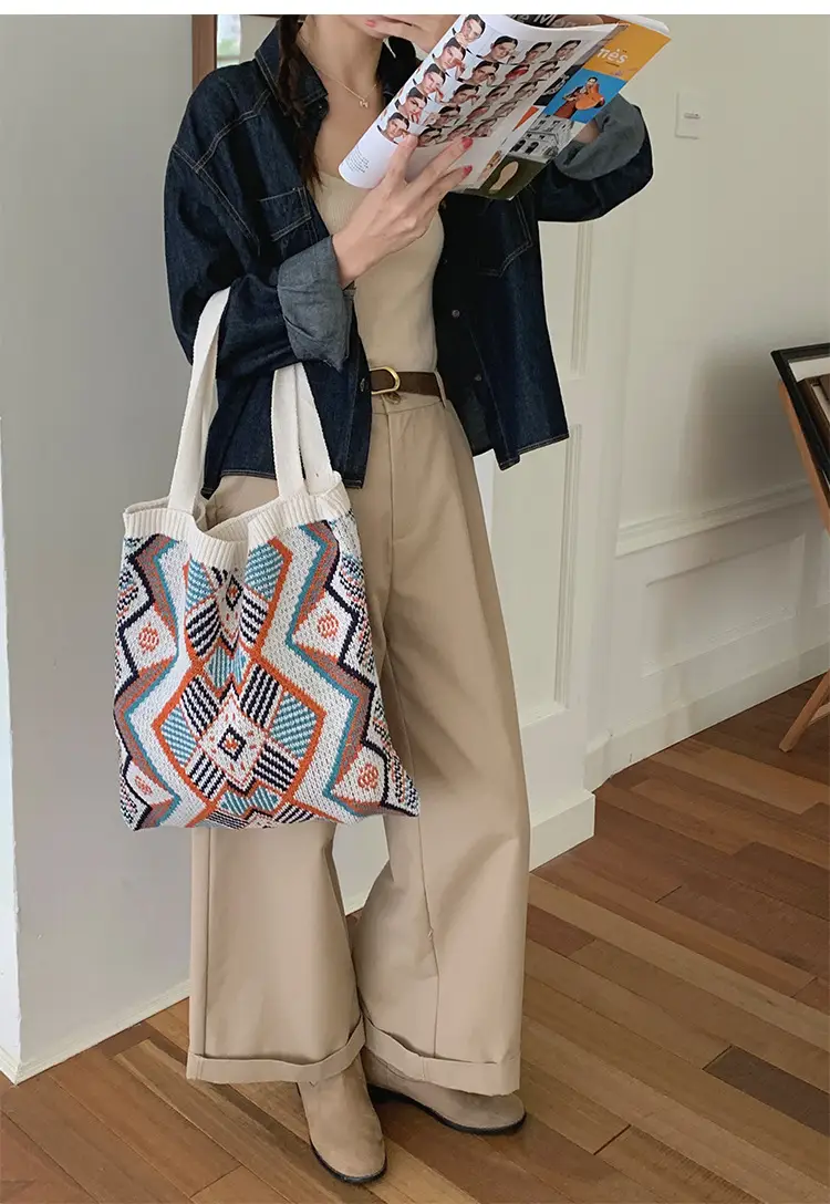 Retro Color Contrast Woven Shopping Bag Large Capacity — feature 11