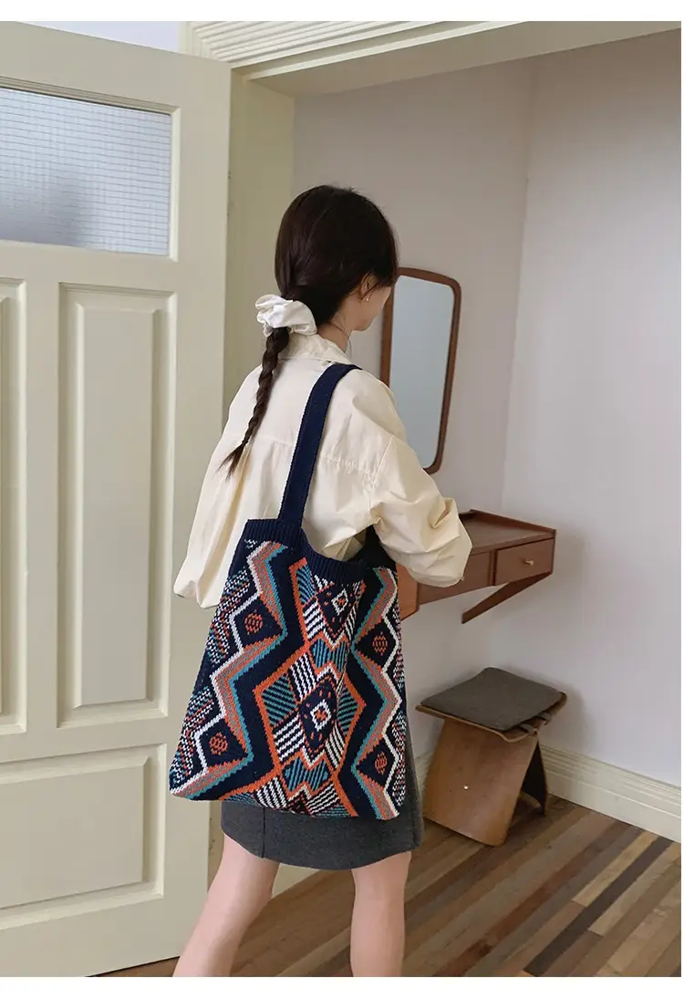 Retro Color Contrast Woven Shopping Bag Large Capacity — feature 13