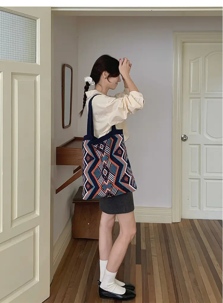 Retro Color Contrast Woven Shopping Bag Large Capacity — feature 16