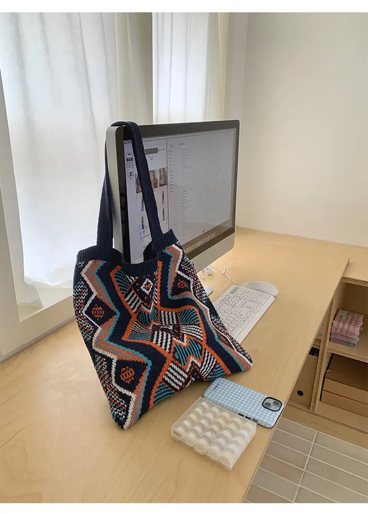 Retro Color Contrast Woven Shopping Bag Large Capacity — feature 19