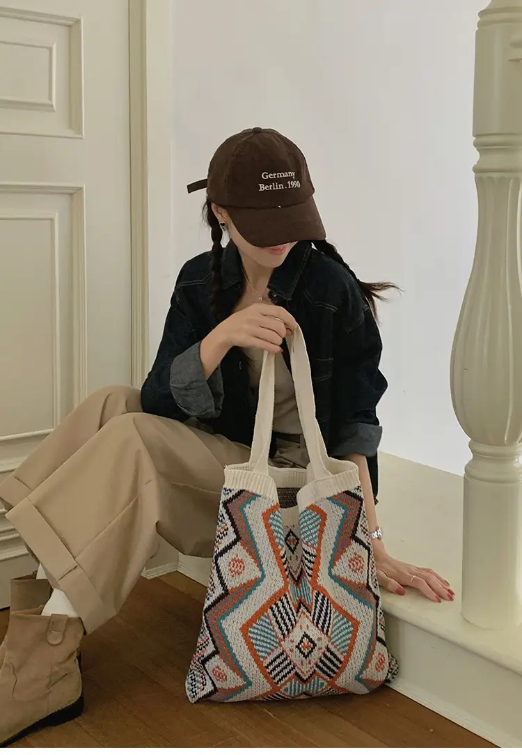 Retro Color Contrast Woven Shopping Bag Large Capacity — feature 9